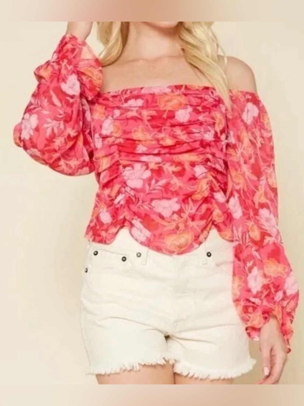 Floral Ruched Peasant Top - Red Pink -